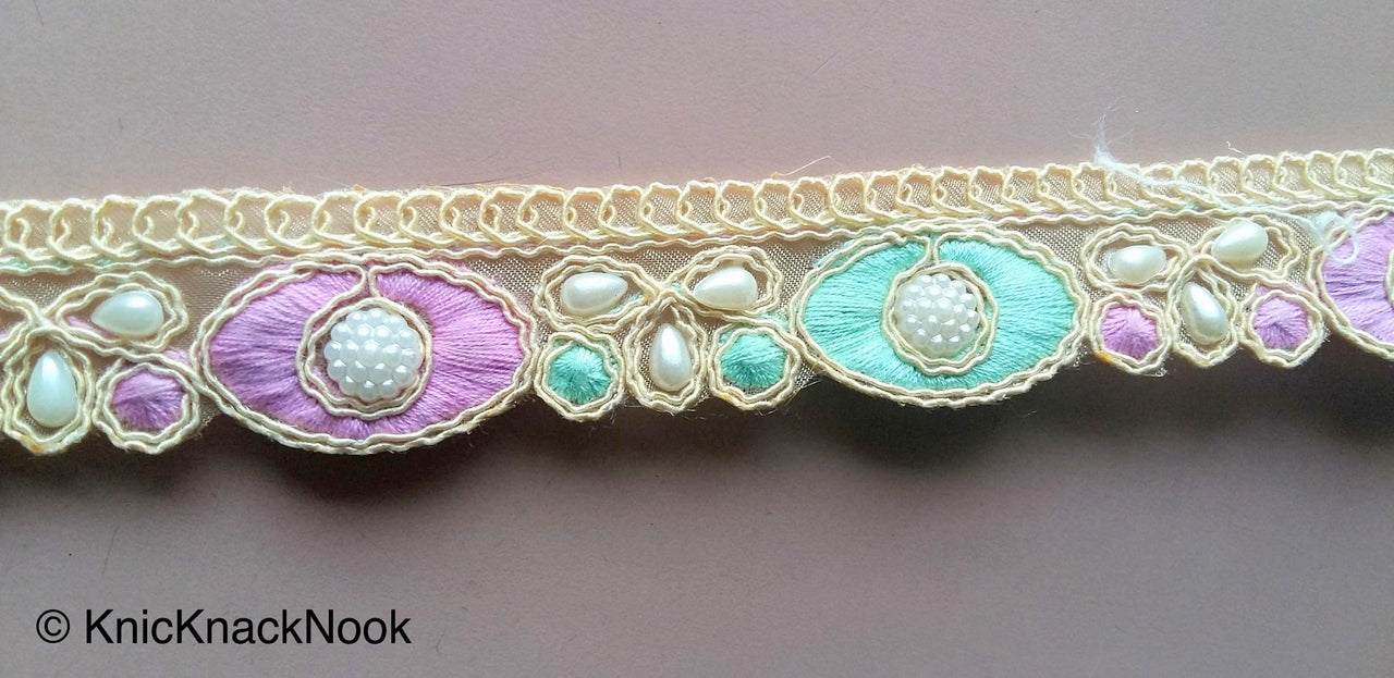 Gold Sheer Net Trim, Beige, Purple And Green / Pink Embroidery With FlatBack White Beads Embellishments
