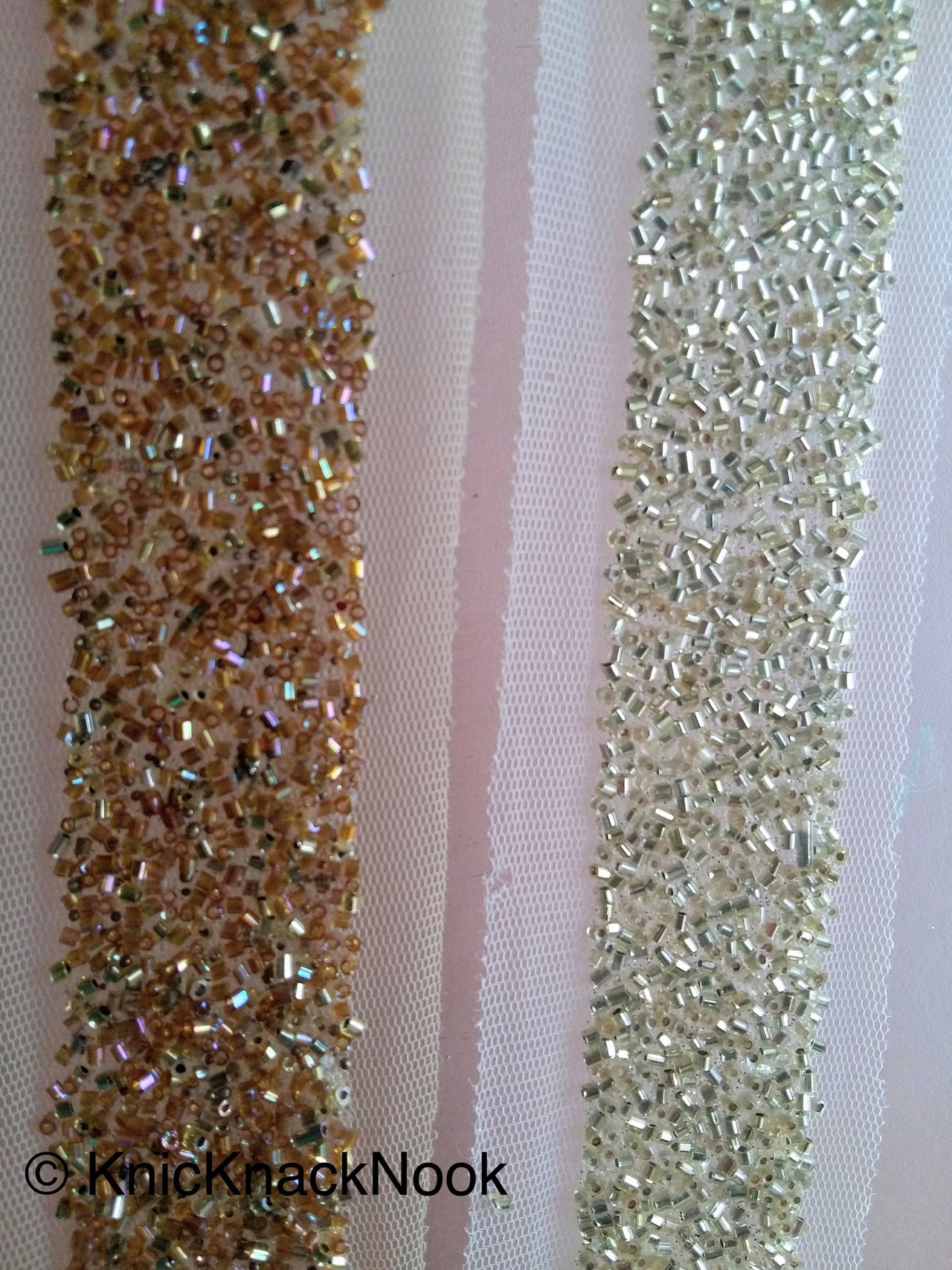 Beige Net Trim With Gold / Copper Beads Embellishments - 200317L199/ 200