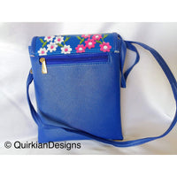 Thumbnail for Blue Fake Leather Bag With Pink, Green And White Floral Embroidery Design, Day Clutch, Shopping Crossbody Sling Purse, Faux Leather Bag