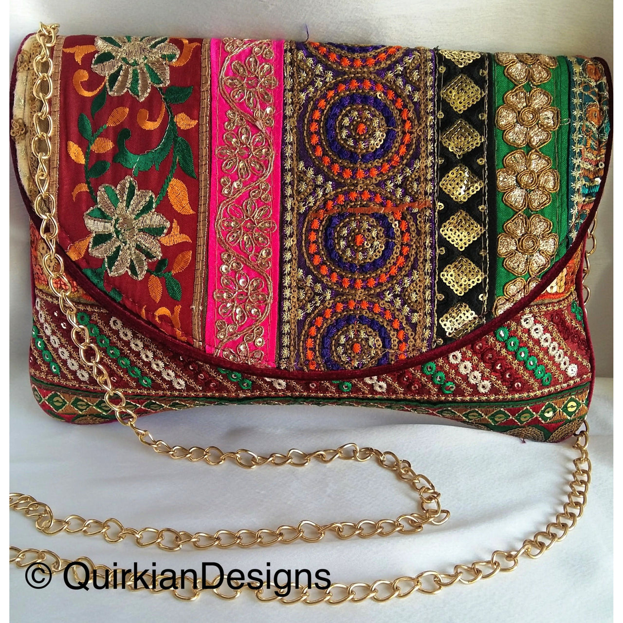 Maroon Red Velvet Fabric Clutch Purse With Red, Green, Yellow, Orange, Black, Pink And Gold Floral Embroidery, Wedding Clutch, Party Bag
