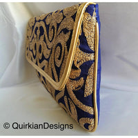 Thumbnail for Blue Fabric Clutch Purse With Gold Intricate Embroidery, Wedding Clutch, Party Bag, Blue And Gold Clutch