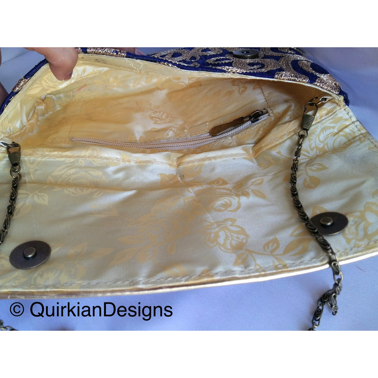 Blue Fabric Clutch Purse With Gold Intricate Embroidery, Wedding Clutch, Party Bag, Blue And Gold Clutch