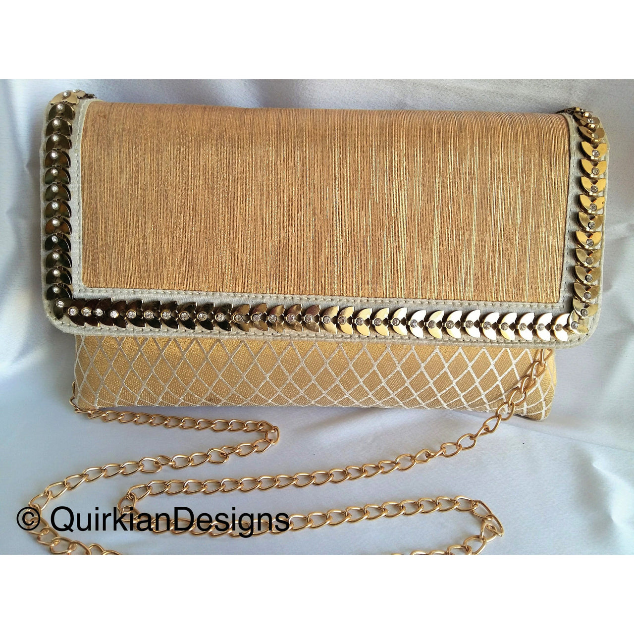Beige, White And Copper Fabric Clutch Purse With Gold And Diamante Beads, Wedding Clutch, Party Bag