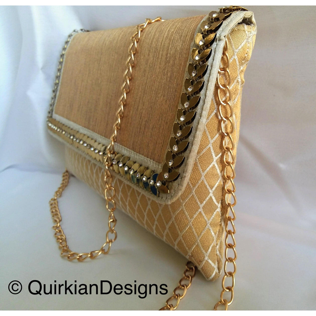 Beige, White And Copper Fabric Clutch Purse With Gold And Diamante Beads, Wedding Clutch, Party Bag