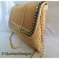 Thumbnail for Beige, White And Copper Fabric Clutch Purse With Gold And Diamante Beads, Wedding Clutch, Party Bag