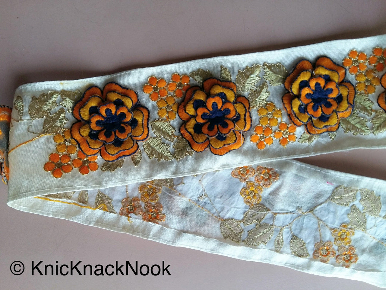 Beige Fabric Trim With Yellow, Orange, Gold And Blue Floral Embroidery