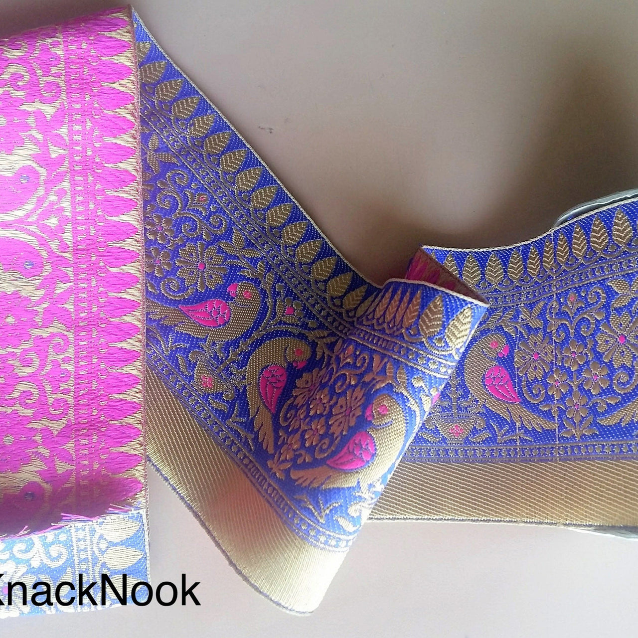 Gold, Blue And Fuchsia Pink Fabric Lace, Parrots And Floral Design Embroidery