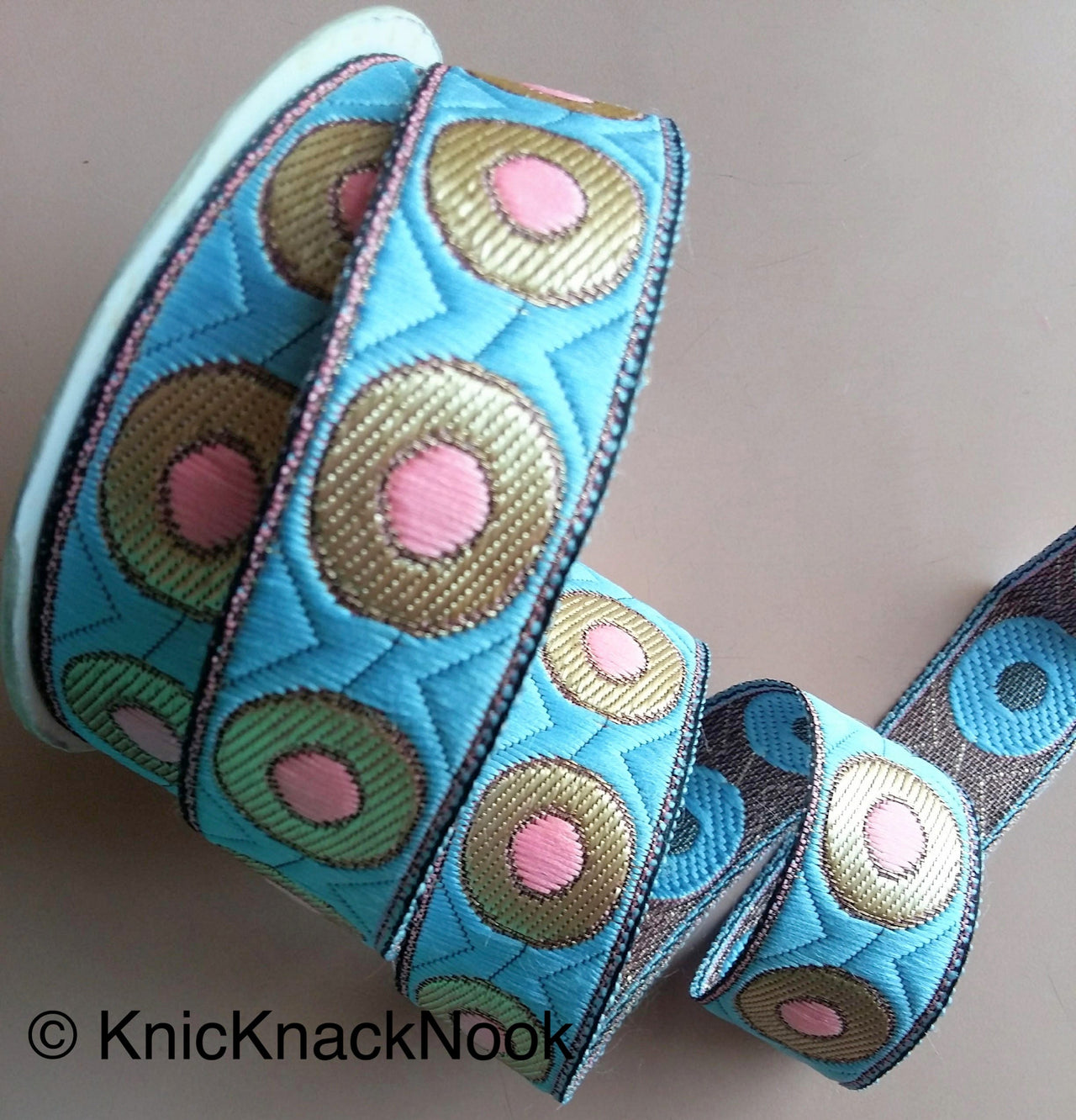 Orange / Blue / Beige Embroidered Trim with Gold and Pink Circle Pattern, Approx. 30mm Wide - 200317L409/10/11