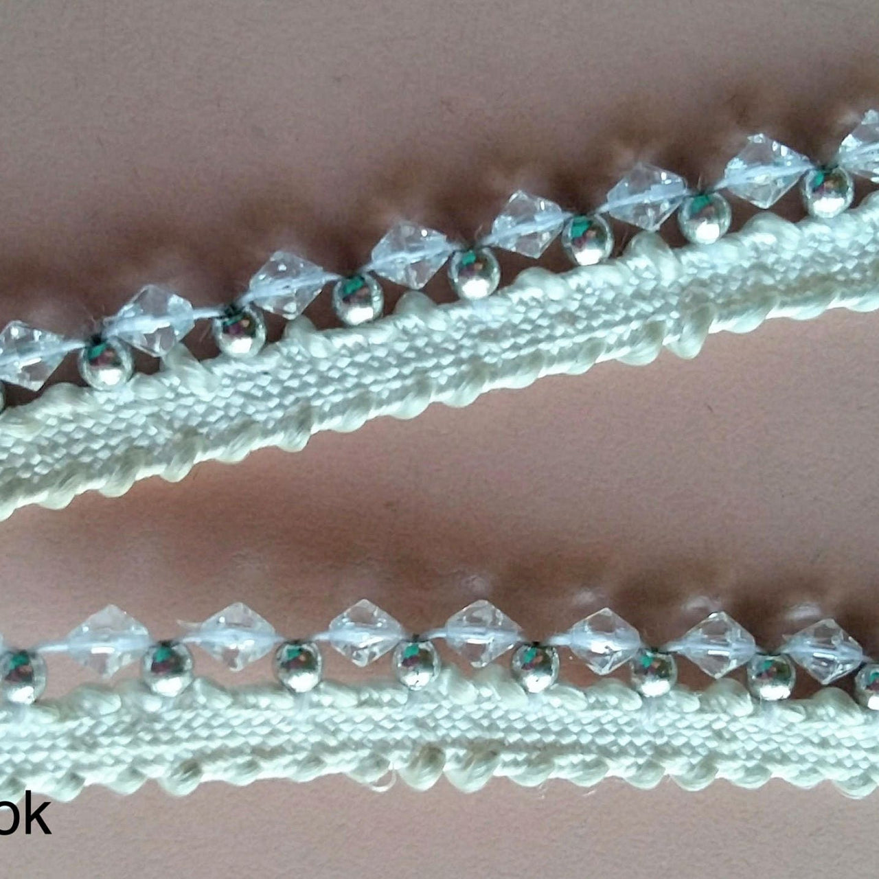 White Thread Trim Embellished With Clear And Silver Beads, Beaded Trim, Approx. 12 mm wide - 200317L408