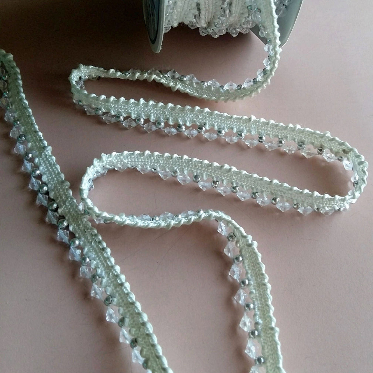 White Thread Trim Embellished With Clear And Silver Beads, Beaded Trim, Approx. 12 mm wide - 200317L408
