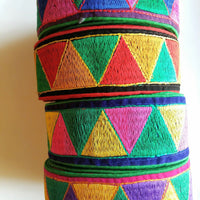 Thumbnail for Green And Pink Fabric Trim With Green, Yellow And Purple Temple Border Embroidery Lace Trim, Approx. 50mm Wide - 200317L177
