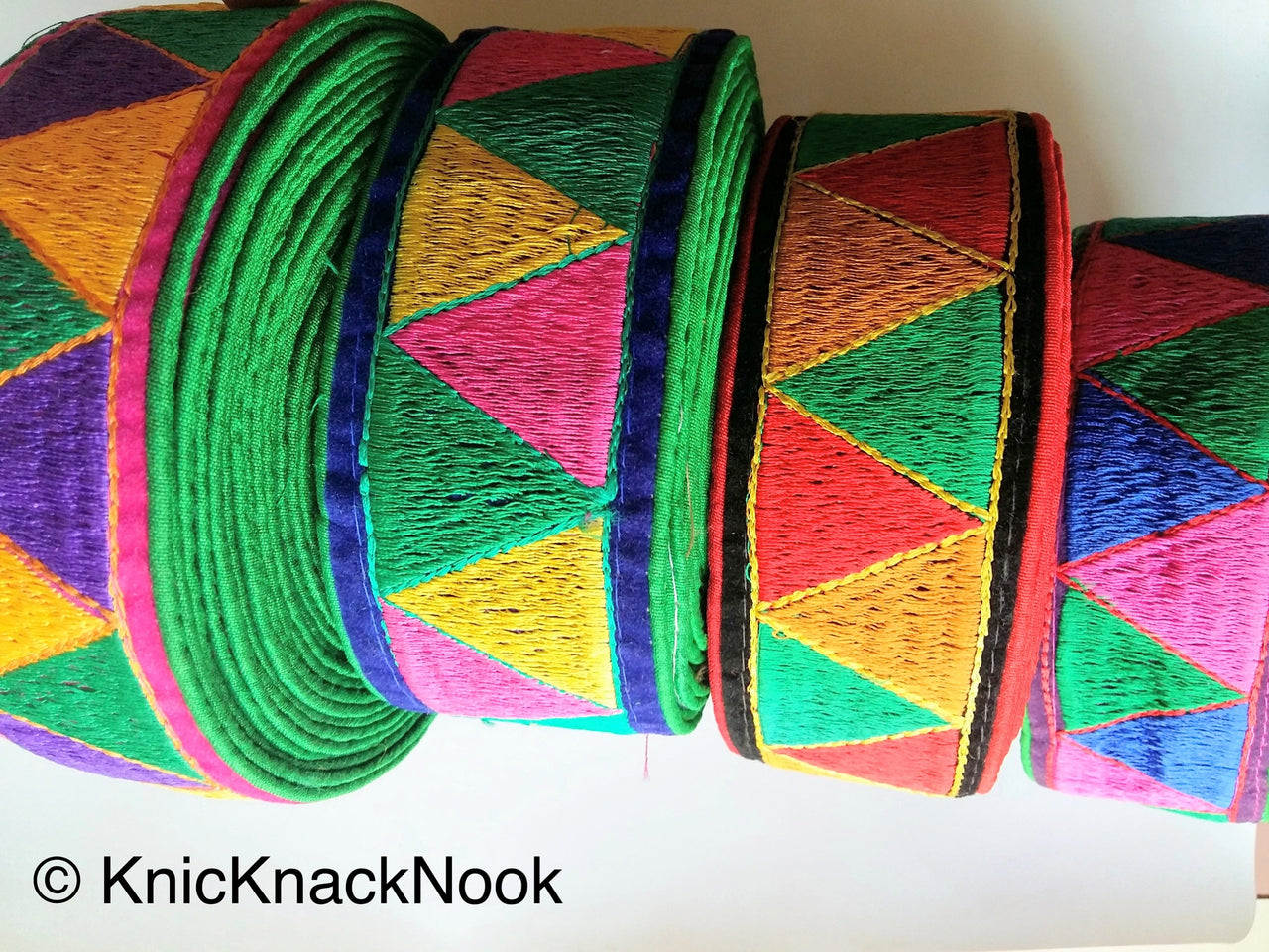 Green And Pink Fabric Trim With Green, Yellow And Purple Temple Border Embroidery Lace Trim, Approx. 50mm Wide - 200317L177