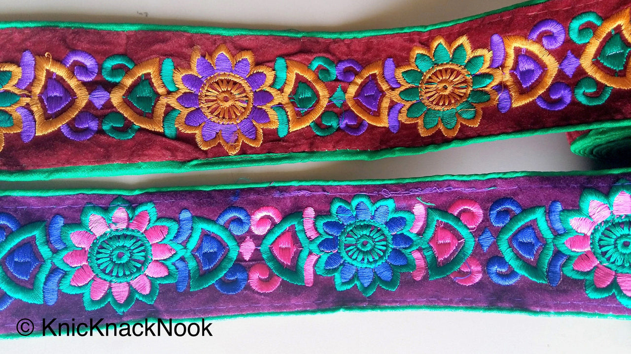 Green Fabric With Purple Velvet Trim With Green, Purple And Pink Floral Thread Embroidery, Approx. 65mm Wide - 200317L189