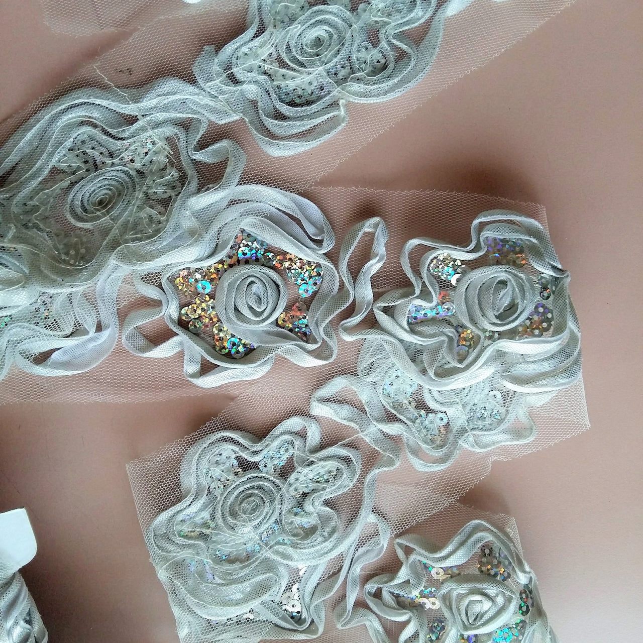 Silver Rose Lace Trim With Silver Sequins, Approx. 65mm Wide - 200317L141
