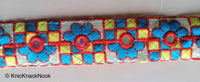 Thumbnail for Gold Mirrored Fabric Trim With Blue, Yellow And Red Floral And Square Embroidery, Approx. 32mm Wide