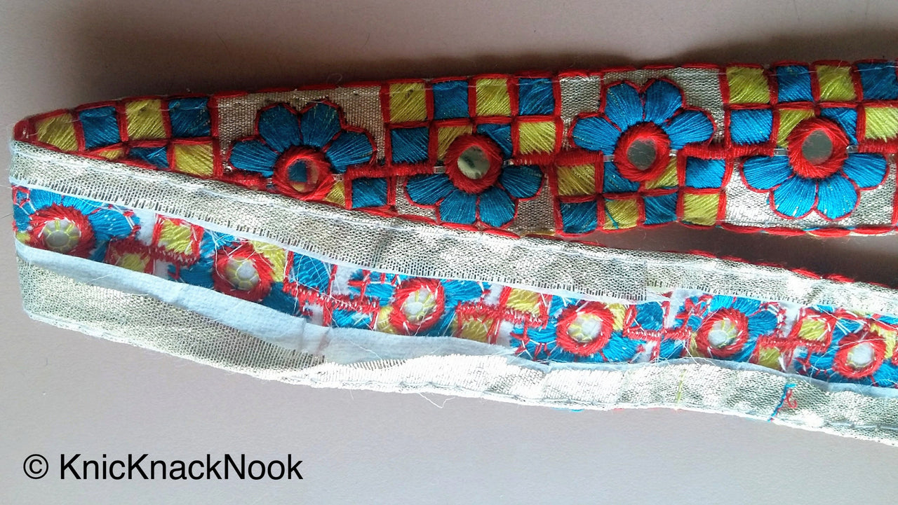 Gold Mirrored Fabric Trim With Blue, Yellow And Red Floral And Square Embroidery, Approx. 32mm Wide