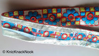 Thumbnail for Gold Mirrored Fabric Trim With Blue, Yellow And Red Floral And Square Embroidery, Approx. 32mm Wide
