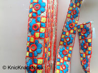 Thumbnail for Gold Mirrored Fabric Trim With Blue, Yellow And Red Floral And Square Embroidery, Approx. 32mm Wide