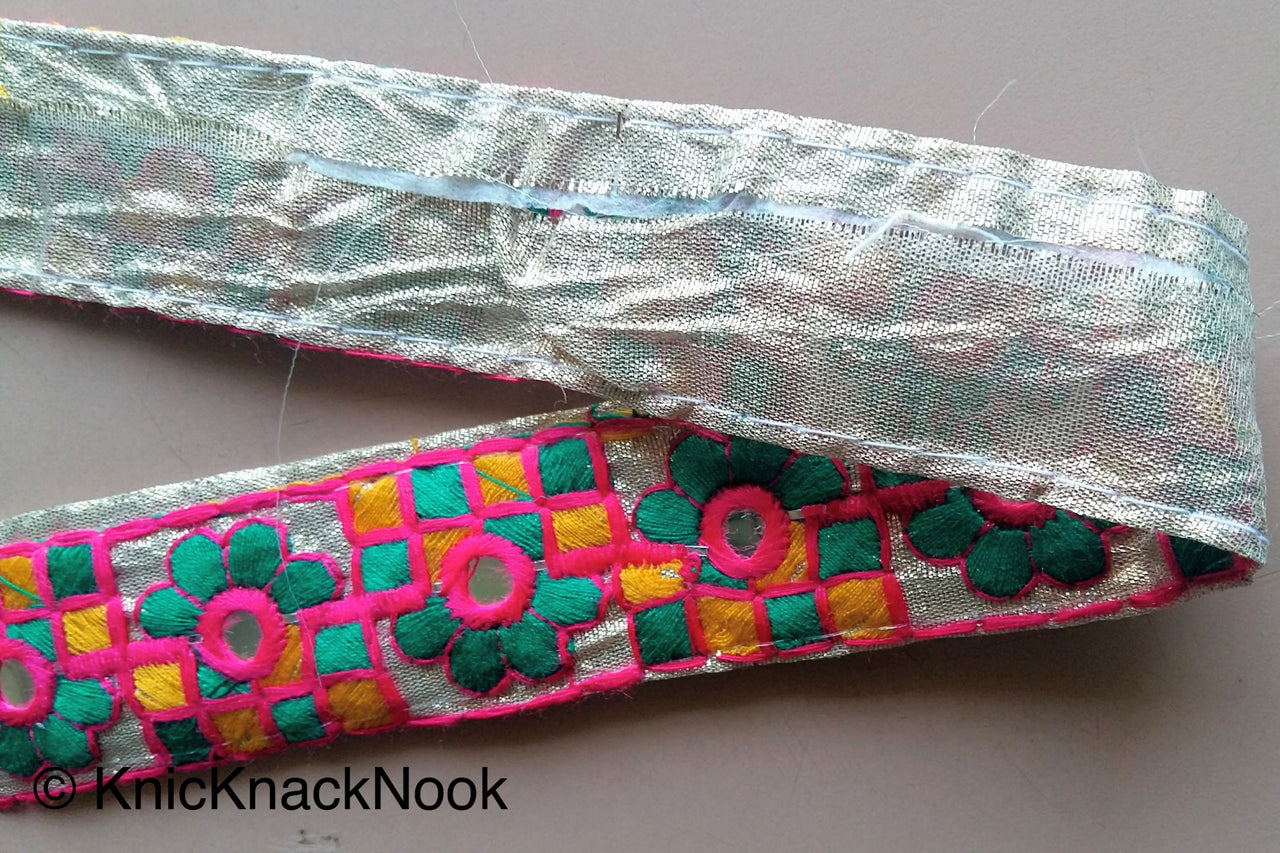 Gold Mirrored Fabric Trim With Green, Yellow And Pink Floral And Square Embroidery, Approx. 32mm Wide - 200317L198