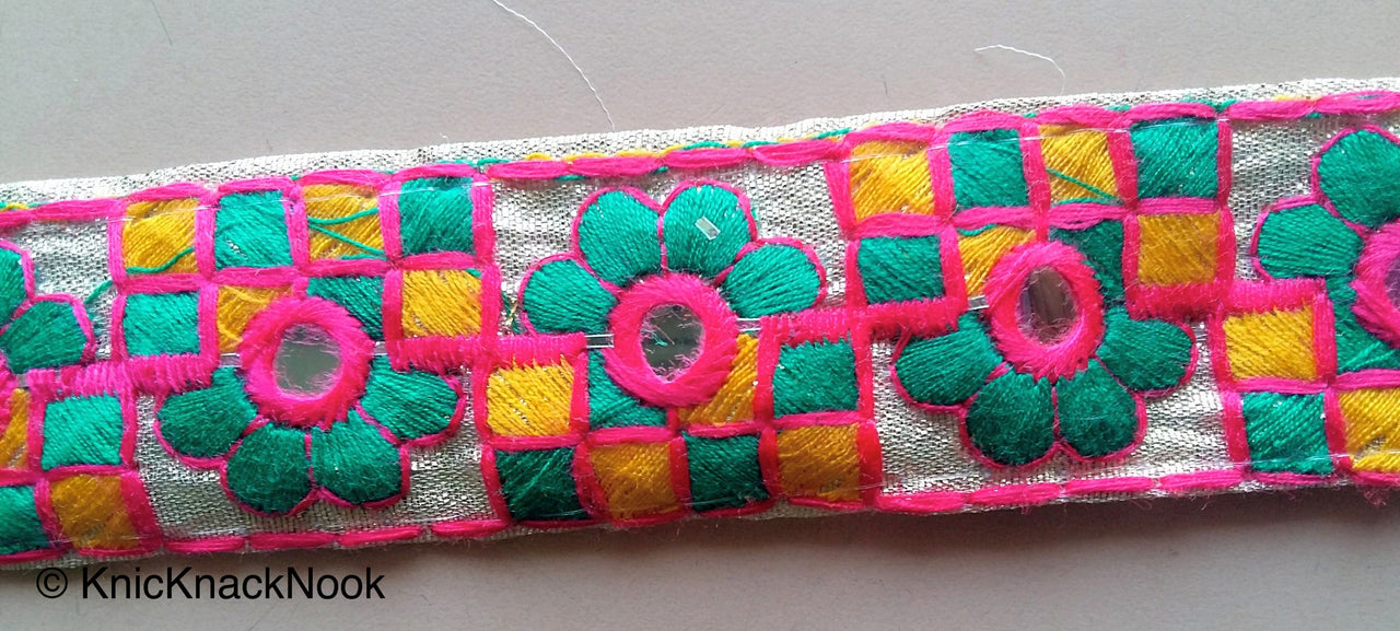 Gold Mirrored Fabric Trim With Green, Yellow And Pink Floral And Square Embroidery, Approx. 32mm Wide - 200317L198