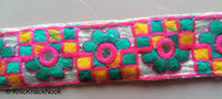 Thumbnail for Gold Mirrored Fabric Trim With Green, Yellow And Pink Floral And Square Embroidery, Approx. 32mm Wide - 200317L198
