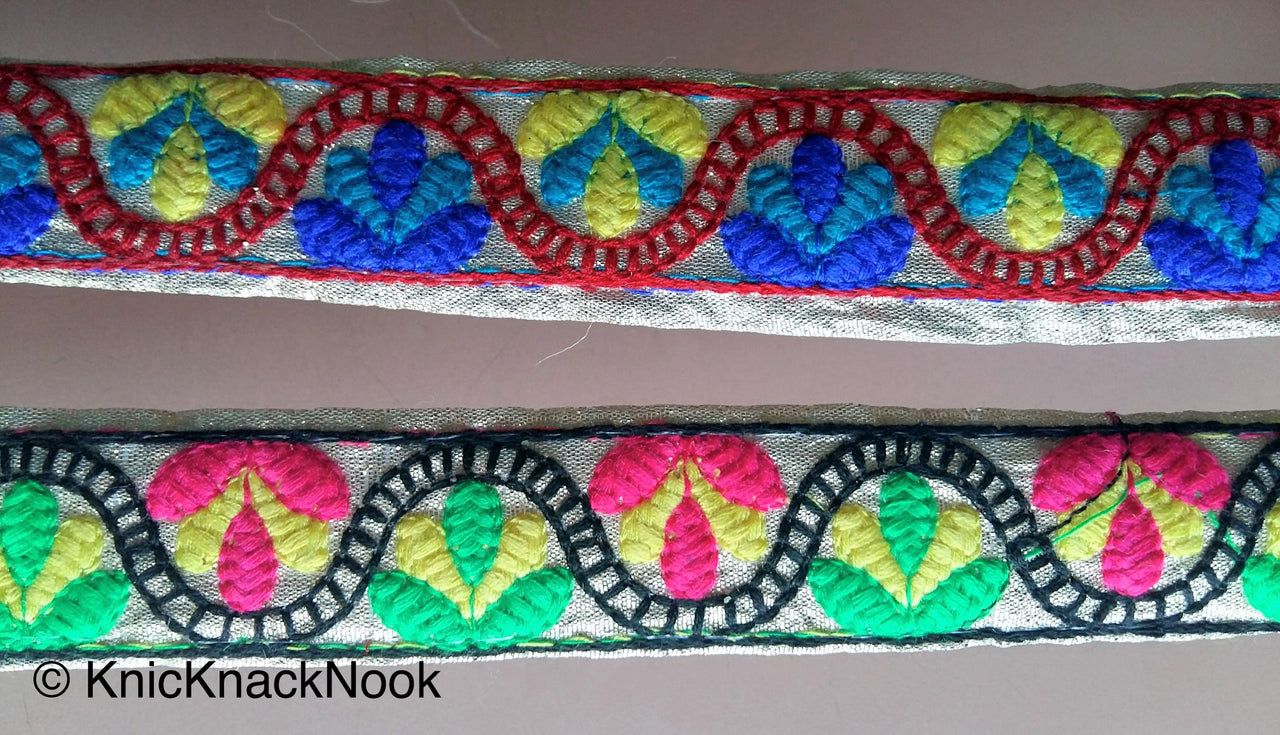 Gold Shimmer Fabric Trim With Blue, Yellow And Red Floral Embroidery, Approx. 30mm Wide - 200317L194