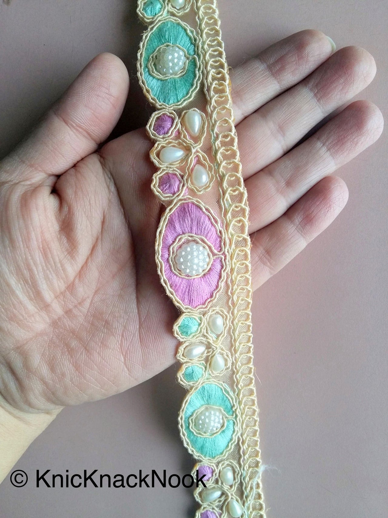 Gold Sheer Net Trim, Beige, Purple And Green / Pink Embroidery With FlatBack White Beads Embellishments