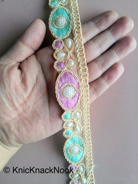 Thumbnail for Gold Sheer Net Trim, Beige, Purple And Green / Pink Embroidery With FlatBack White Beads Embellishments