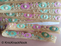 Thumbnail for Gold Sheer Net Trim, Beige, Purple And Green / Pink Embroidery With FlatBack White Beads Embellishments