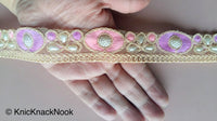 Thumbnail for Gold Sheer Net Trim, Beige, Purple And Green / Pink Embroidery With FlatBack White Beads Embellishments