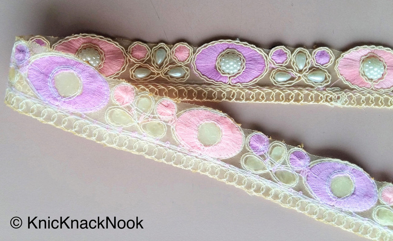 Gold Sheer Net Trim, Beige, Purple And Green / Pink Embroidery With FlatBack White Beads Embellishments