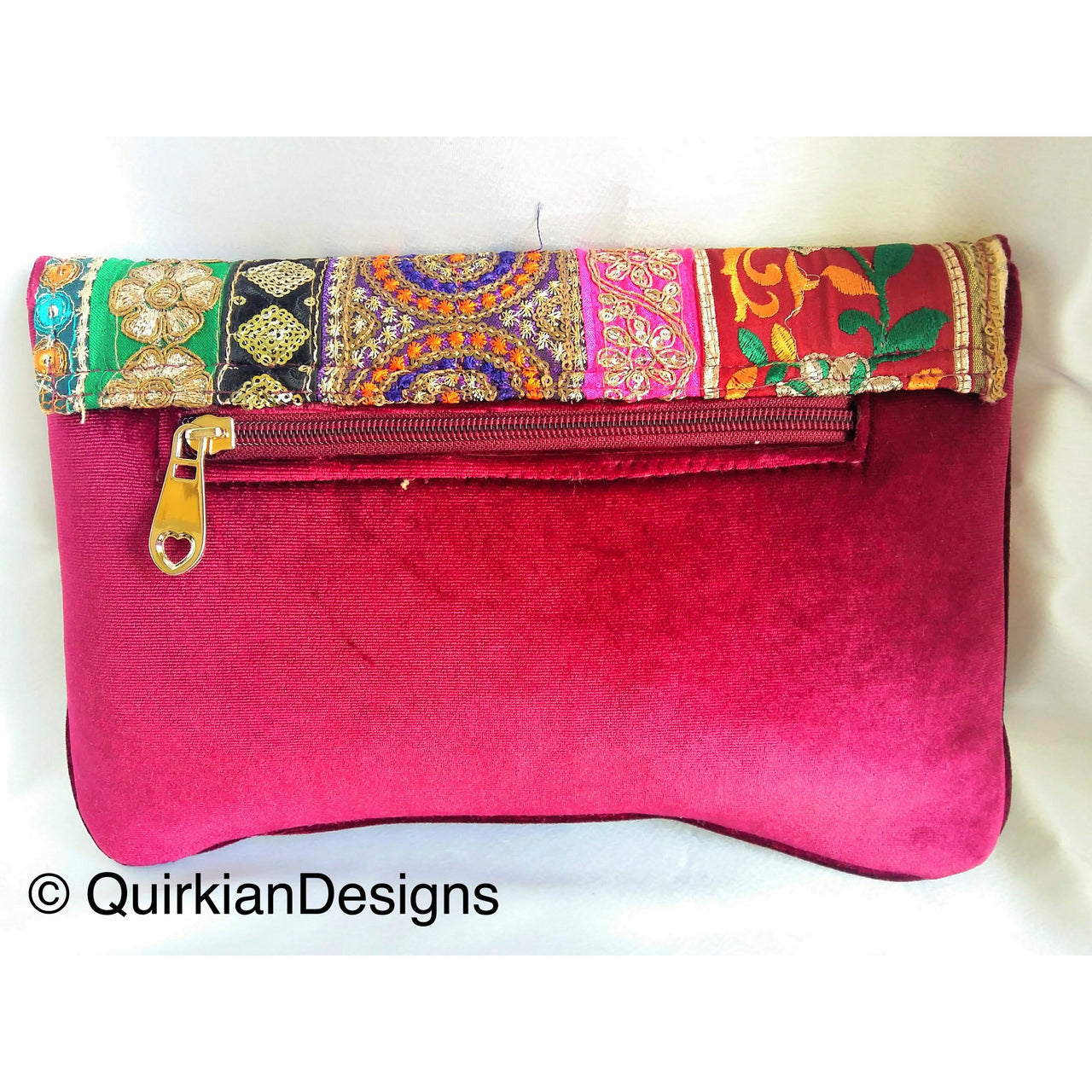 Maroon Red Velvet Fabric Clutch Purse With Red, Green, Yellow, Orange, Black, Pink And Gold Floral Embroidery, Wedding Clutch, Party Bag