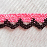 Thumbnail for Pink and Brown Embroidery Crochet Cotton Border Trim, One Yard Lace Approx. 12mm Wide, Brown Lace And Pink Lace