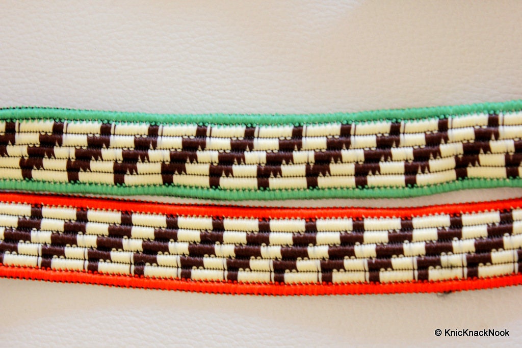 Beige And Brown Thread Lace Trim,Red/ Green Piping Trim, Approx. 22mm wide - 140316L147 / 48