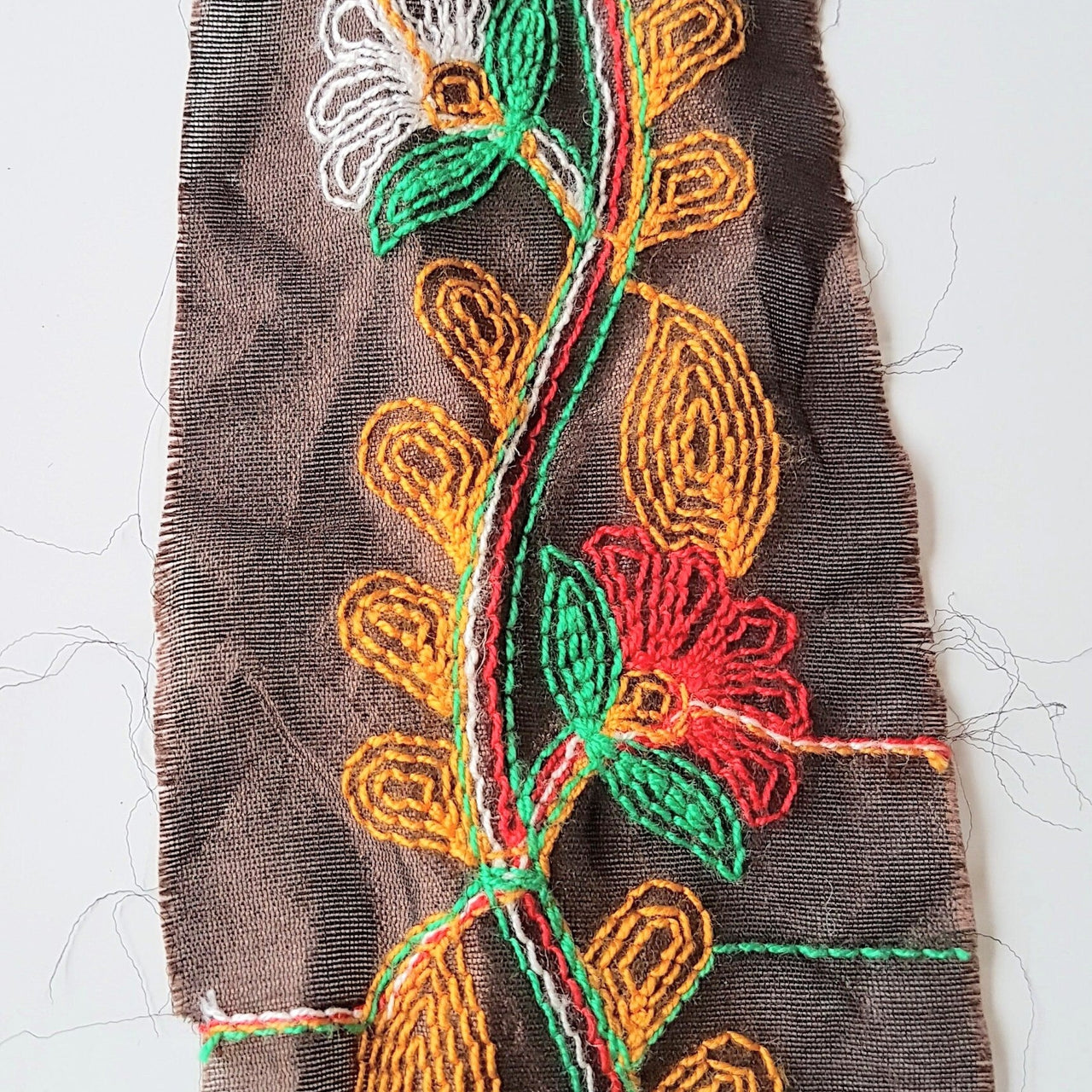 Brown Silk Fabric Trim With Yellow, Red, Green And White Floral Embroidery