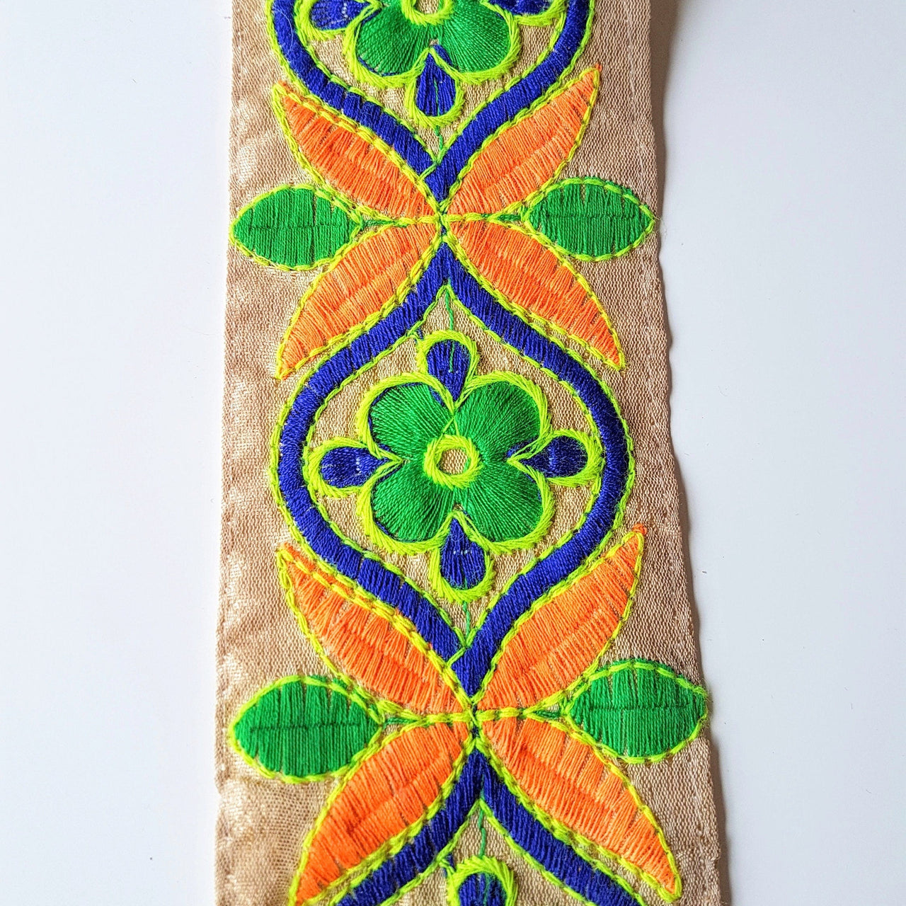 Beige Art Silk Fabric Trim With Orange, Green, Blue And Yellow Floral Embroidery