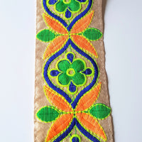 Thumbnail for Beige Art Silk Fabric Trim With Orange, Green, Blue And Yellow Floral Embroidery