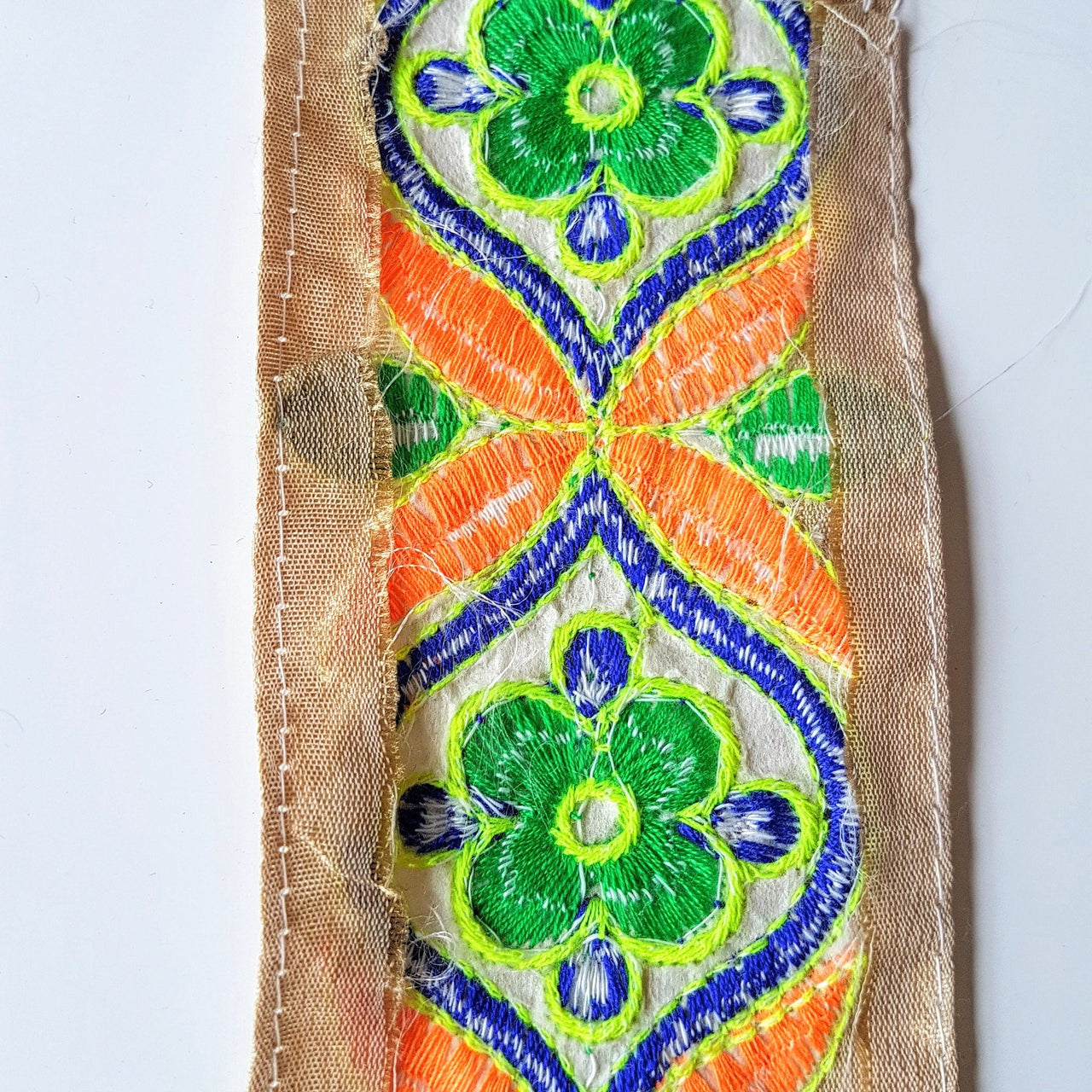 Beige Art Silk Fabric Trim With Orange, Green, Blue And Yellow Floral Embroidery