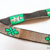 Thumbnail for Green, Gold And Black Thread Floral Lace Trim, Approx. 15mm wide - 140316L94