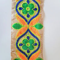 Thumbnail for Beige Art Silk Fabric Trim With Orange, Green, Blue And Yellow Floral Embroidery