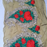 Thumbnail for Black / Olive Green Silk Fabric Trim With Red, Green And Gold Floral Rose Embroidery, Indian Laces