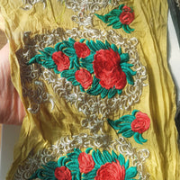 Thumbnail for Black / Olive Green Silk Fabric Trim With Red, Green And Gold Floral Rose Embroidery, Indian Laces