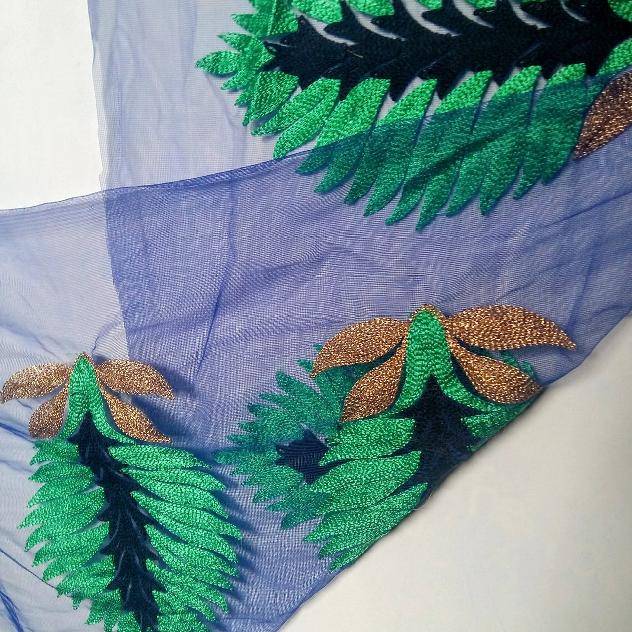 Blue Soft Net Lace Trim With Blue, Green And Gold Embroidered Leaves, Indian Trims