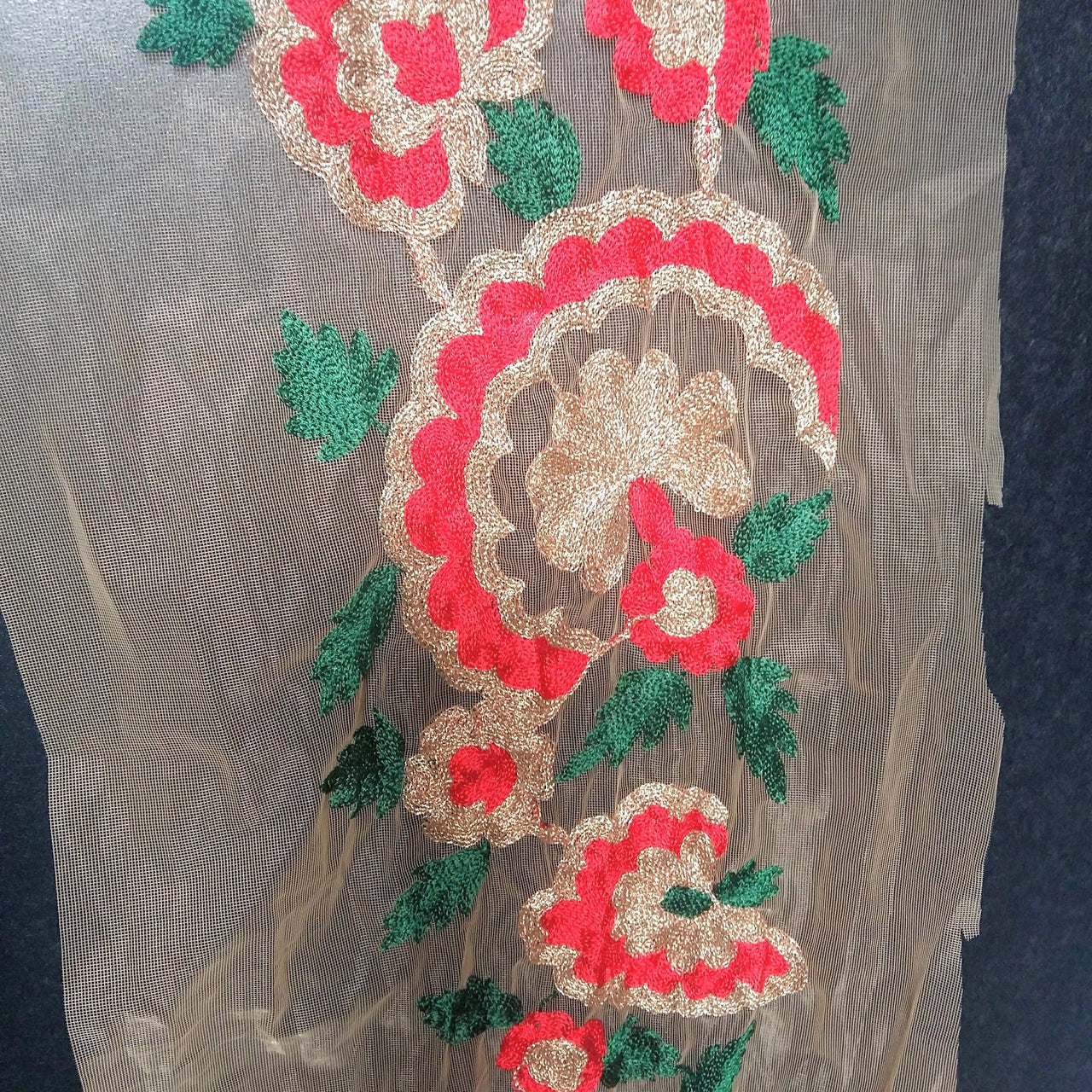 Beige Soft Net Lace Trim With Red, Green And Gold Floral Embroidery, Indian Trims