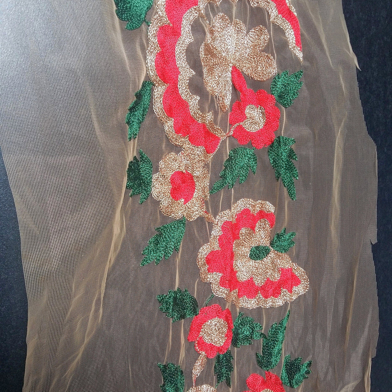 Beige Soft Net Lace Trim With Red, Green And Gold Floral Embroidery, Indian Trims