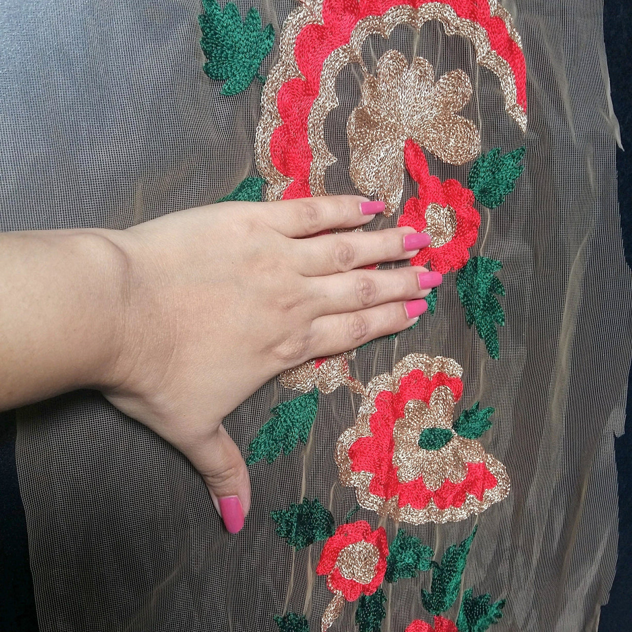 Beige Soft Net Lace Trim With Red, Green And Gold Floral Embroidery, Indian Trims