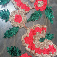 Thumbnail for Beige Soft Net Lace Trim With Red, Green And Gold Floral Embroidery, Indian Trims