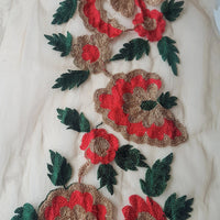 Thumbnail for Beige Soft Net Lace Trim With Red, Green And Gold Floral Embroidery, Indian Trims