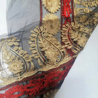 Thumbnail for Black Soft Net Lace Trim With Red, Beige And Brown Floral And Paisley Embroidery, Indian Trims
