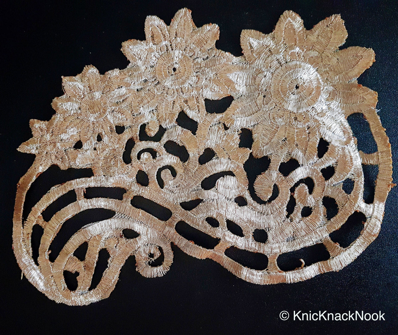 Antique Gold / Bronze Tone Crochet Thread Fabric Applique, Flower Applique - 200317A84